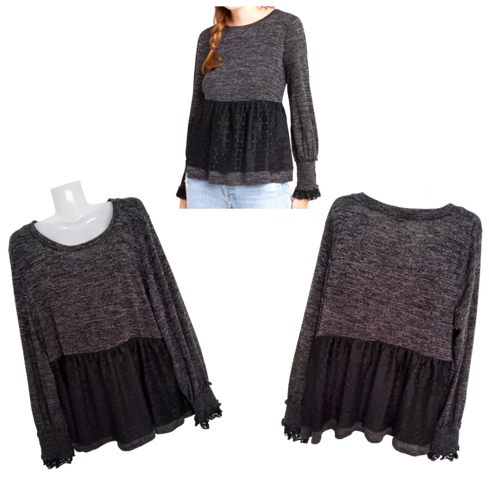 ANTHROPOLOGIE RO+DE Black/Gray Amirah Lace Long Smocked Cuff Sleeve Top XL - Picture 6 of 16